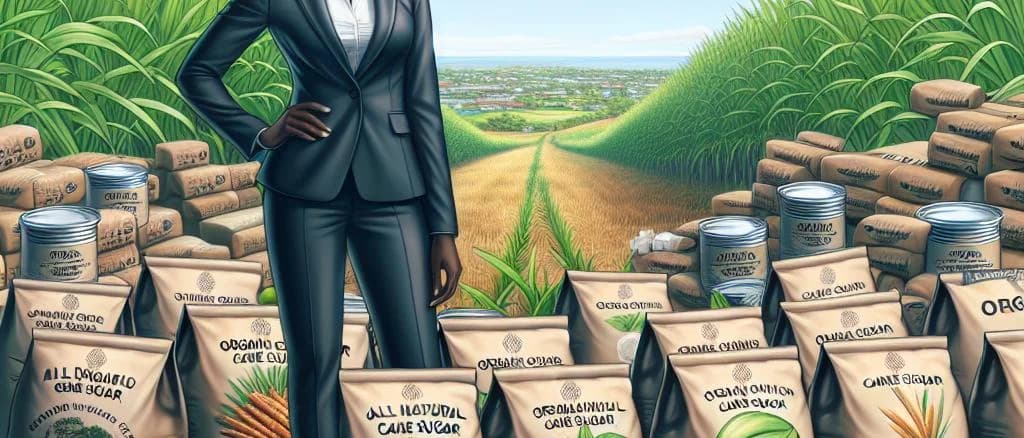 Various sugar products in different packaging on a neutral background