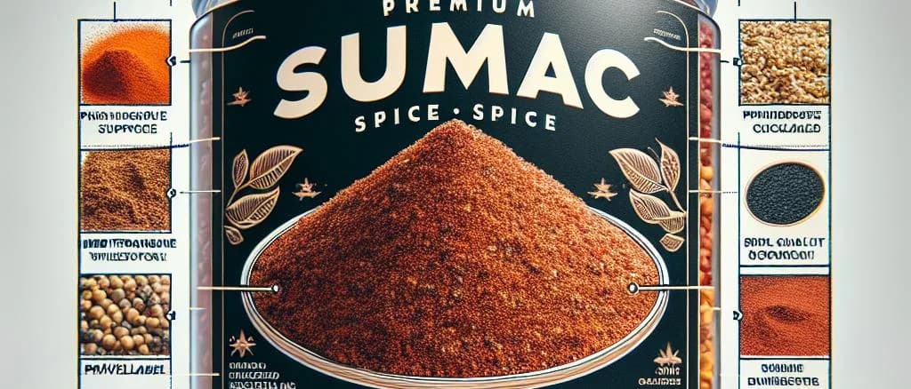 Various packaging options for Sumac spice powder, including glass jars and eco-friendly pouches