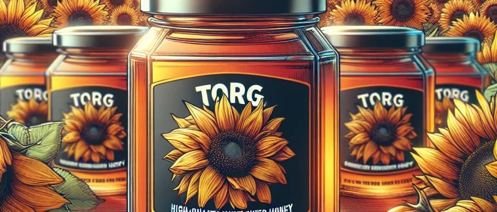 Various sunflower honey jars with diverse packaging on wooden background