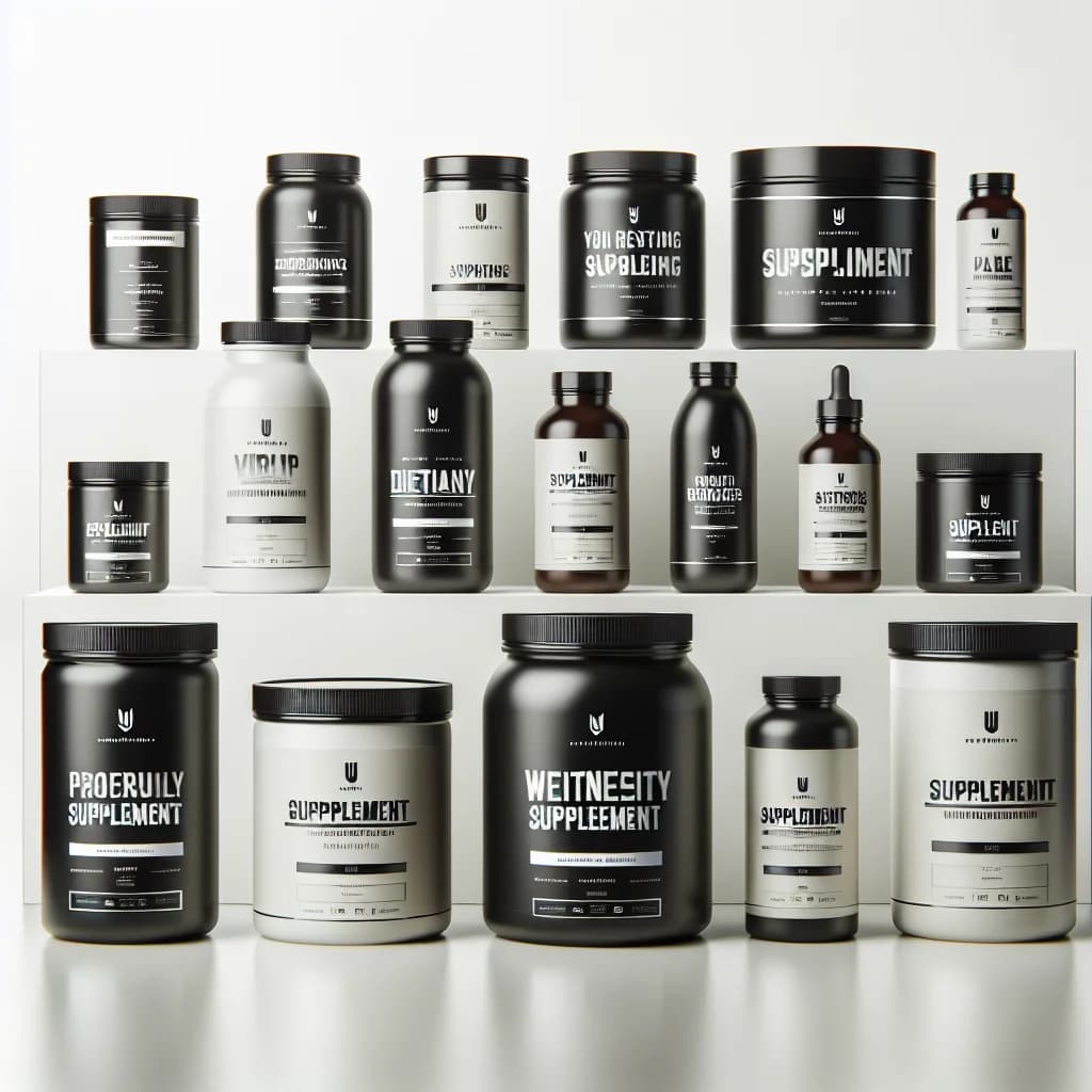 variety of supplement bottles and packaging with clean labels on a professional white background