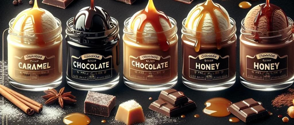 assorted bottles and jars of sweet sauces with diverse packaging on a wooden kitchen counter