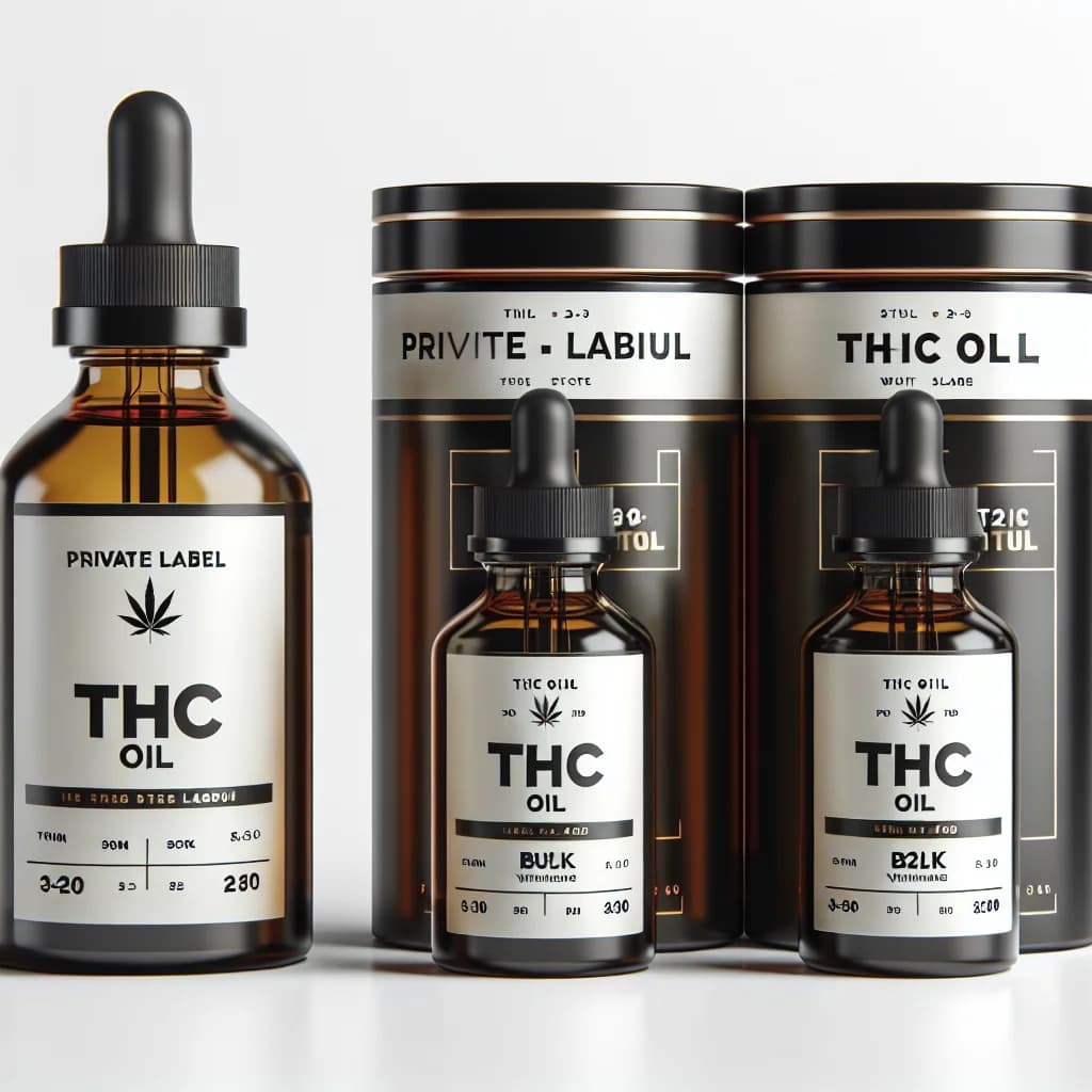 variety of THC oil products in sleek packaging on a clean white background, showcasing private label and bulk options