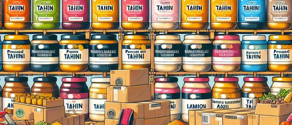 Various tahini jars and packaging on neutral background