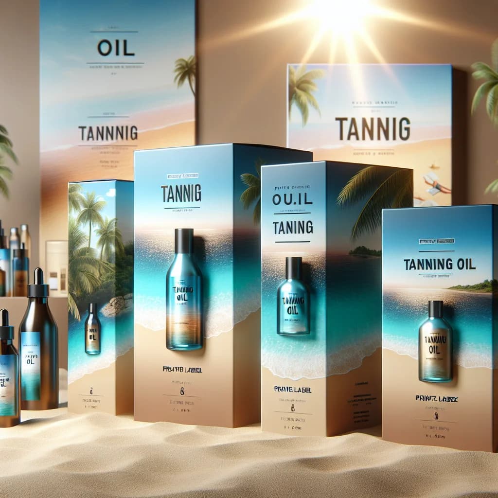 Tanning oil bottles with premium packaging displayed on a sandy beach background