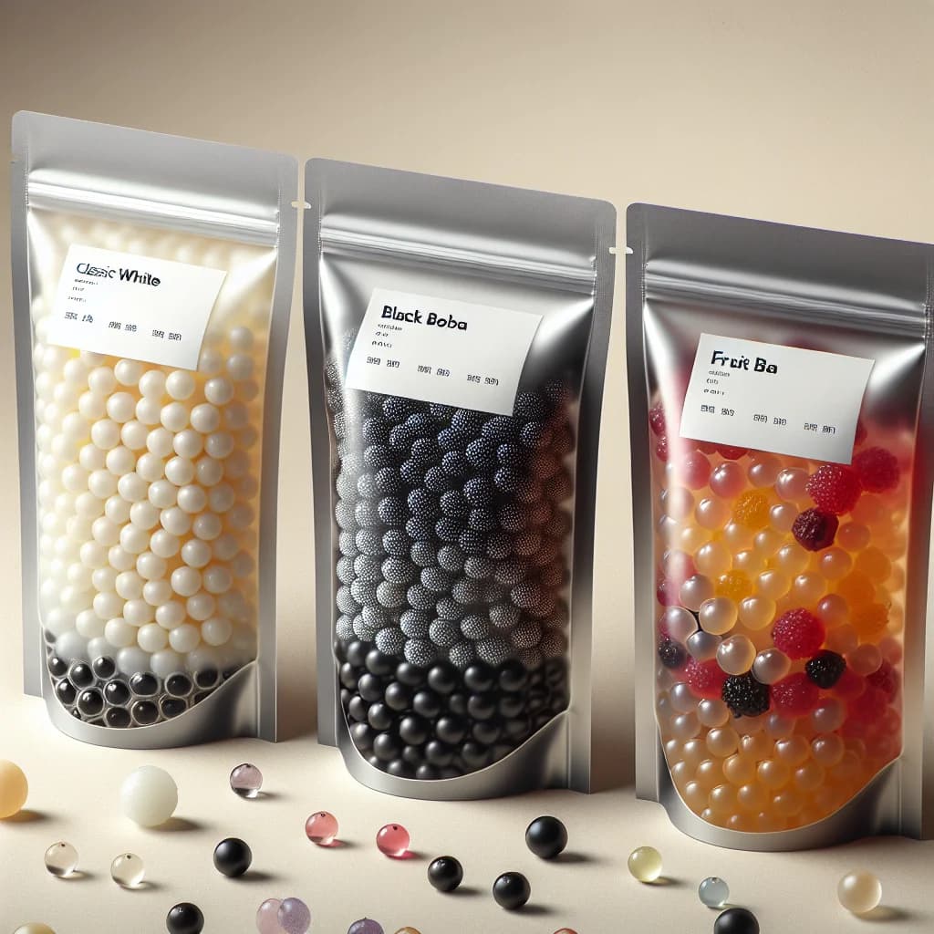 Tapioca pearls in various sizes and colors showcased in clear bulk packaging against a neutral background