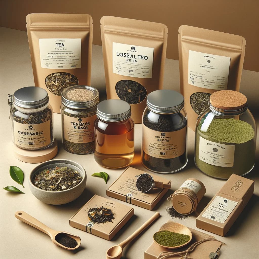assortment of premium tea varieties with sustainable packaging options on a minimalist background