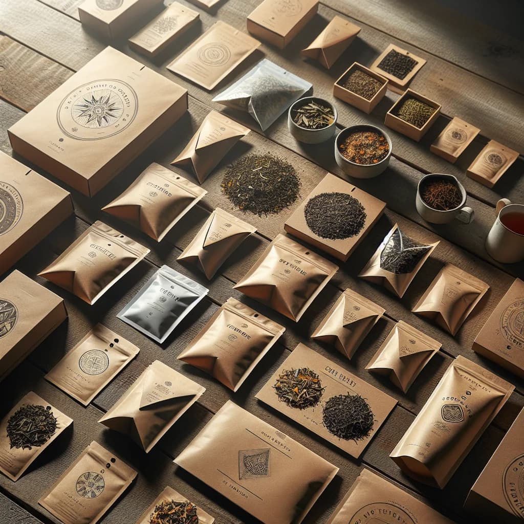 loose leaf and pyramid tea bags with eco-friendly packaging on a wooden background