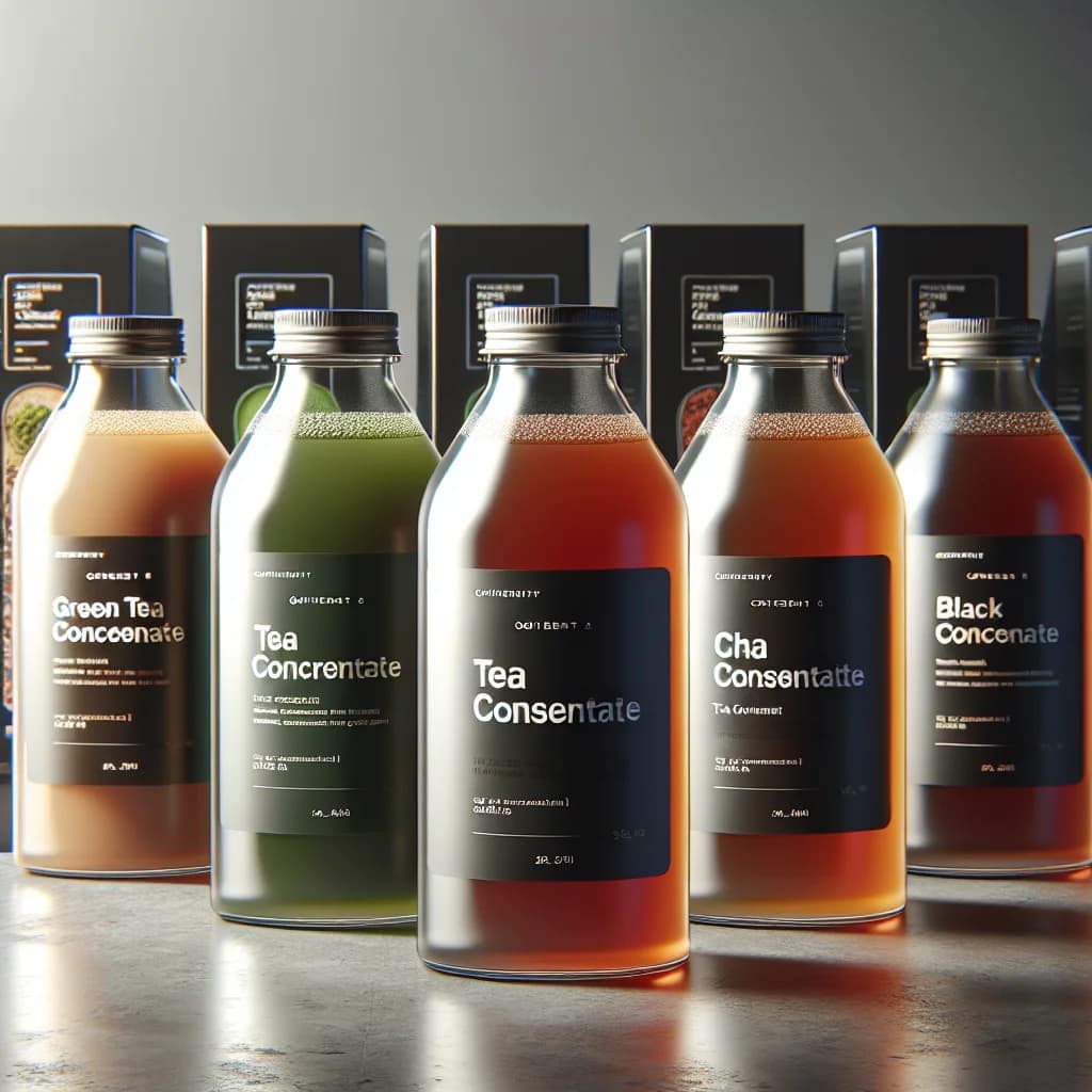 assorted tea concentrate bottles with various flavors displayed on a sleek countertop