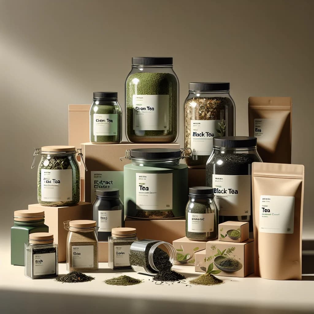 variety of tea extract products in eco-friendly packaging on a clean, minimalist background