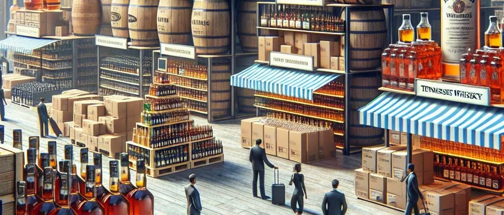 whiskey-bottles-on-rustic-barrel-background