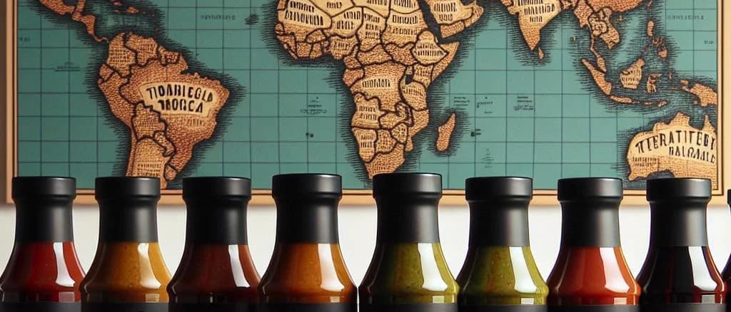 Three variations of Teriyaki Sauce bottles on a wooden kitchen countertop