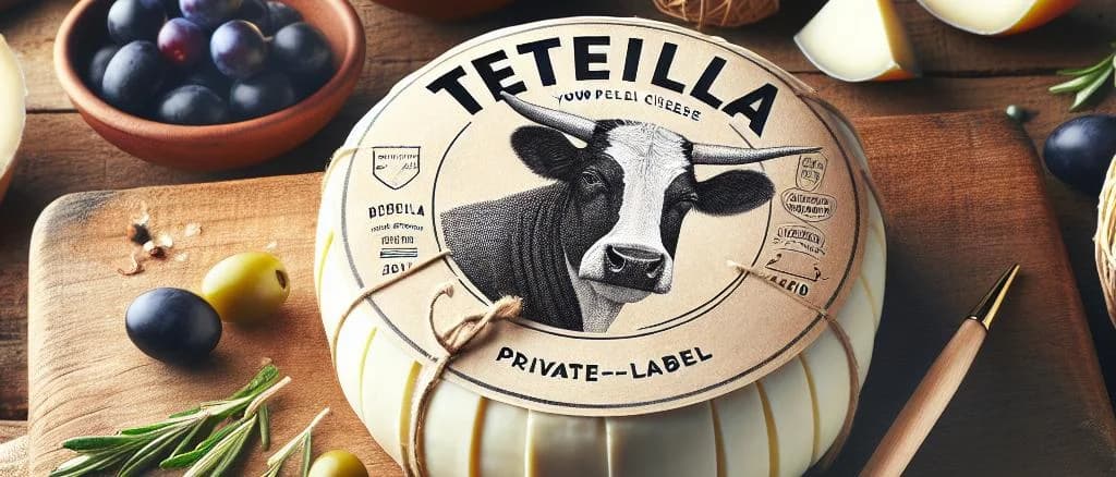 Tetilla Cheese wheels with varied packaging on wooden board