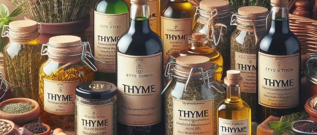 Various thyme packages and herbs on a rustic wooden background