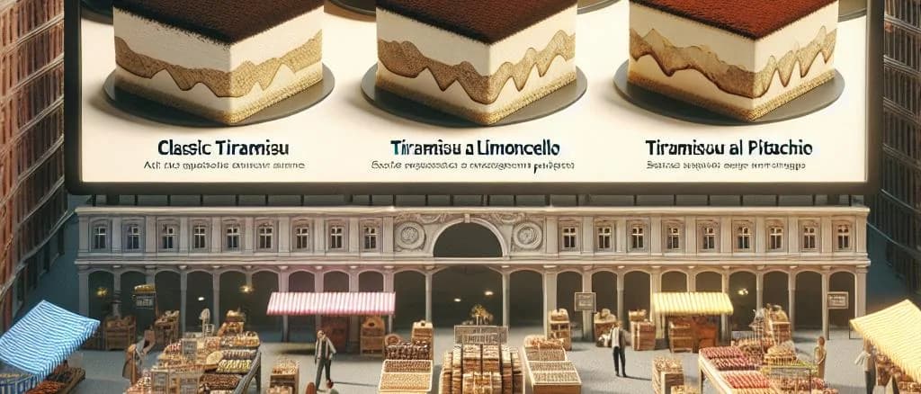 Tiramisu dessert displayed on elegant serving plates with multiple variations