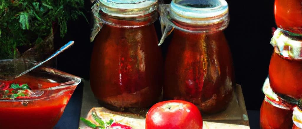 Three variations of tomato chutneys in assorted jars with rustic wooden background