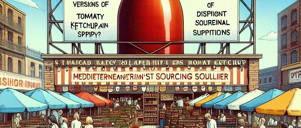 Tomato ketchup bottles with various packaging styles on a wooden kitchen table