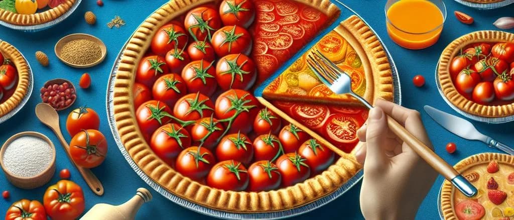 Variety of tomato pies with rustic backgrounds and packaging