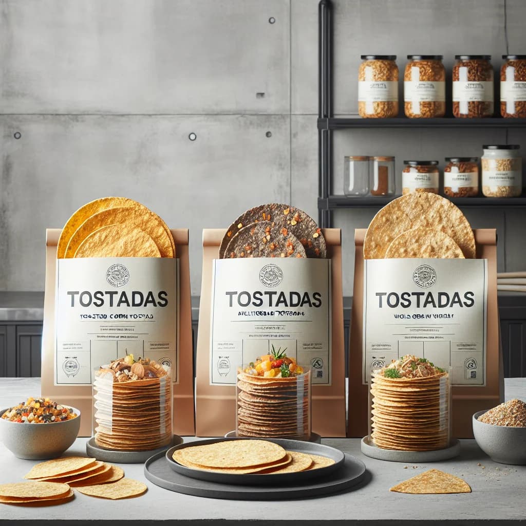 Variety of tostadas in different packaging options for wholesale and private label sourcing