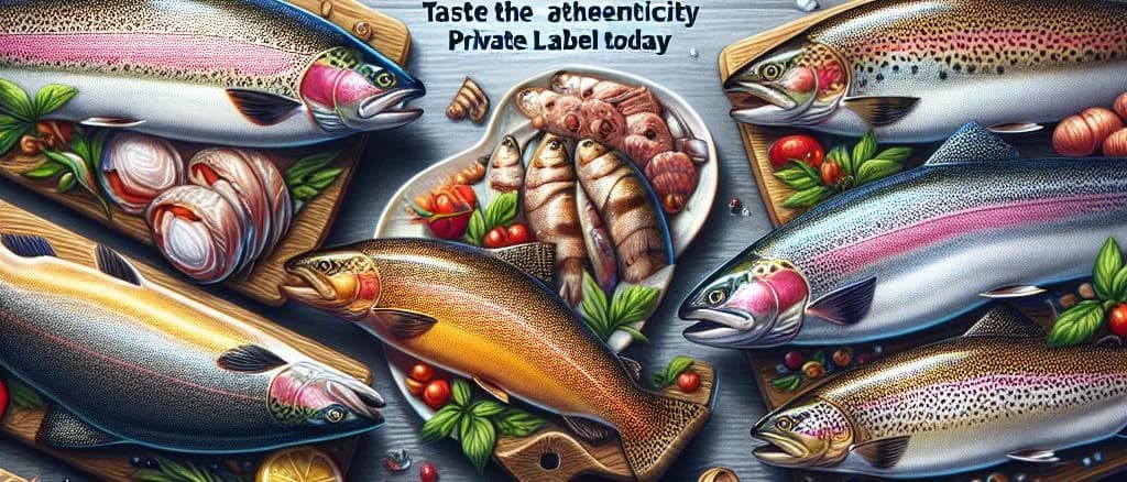 Fresh Rainbow and Brown Trout varieties on ice with sustainable packaging options