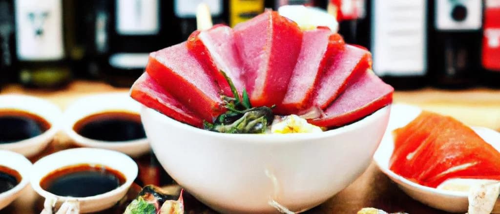 assorted tuna sushi variations on a bamboo mat with wasabi and ginger