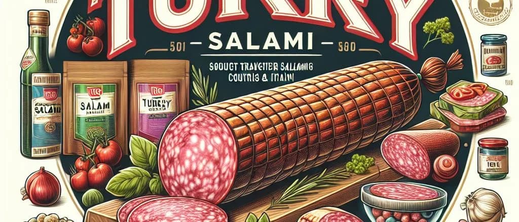 various turkey salami products with different packaging, set against a neutral background