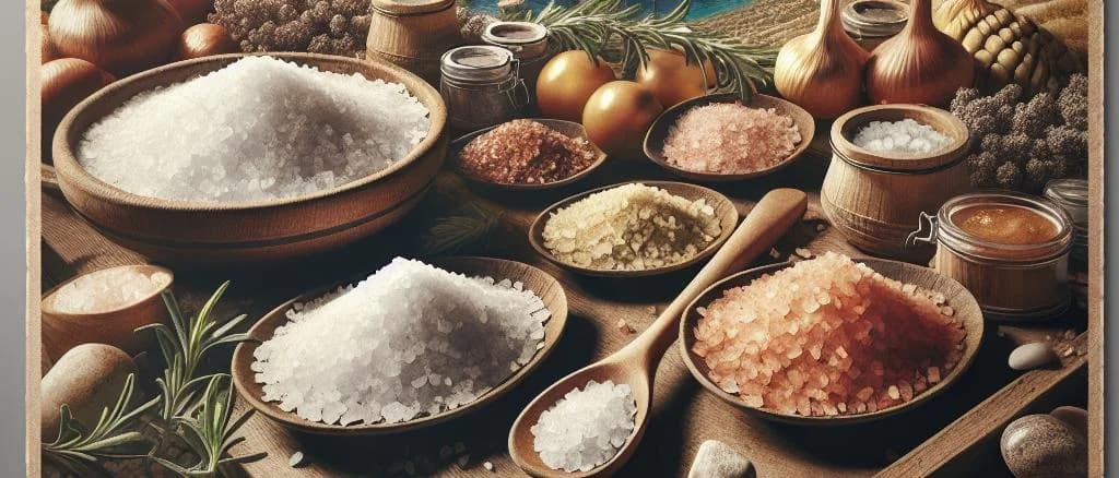 three variations of unrefined salt with rustic packaging on a wooden background