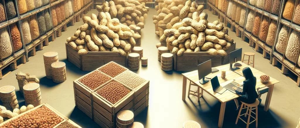 Varieties of packaged unshelled peanuts on a rustic wooden background