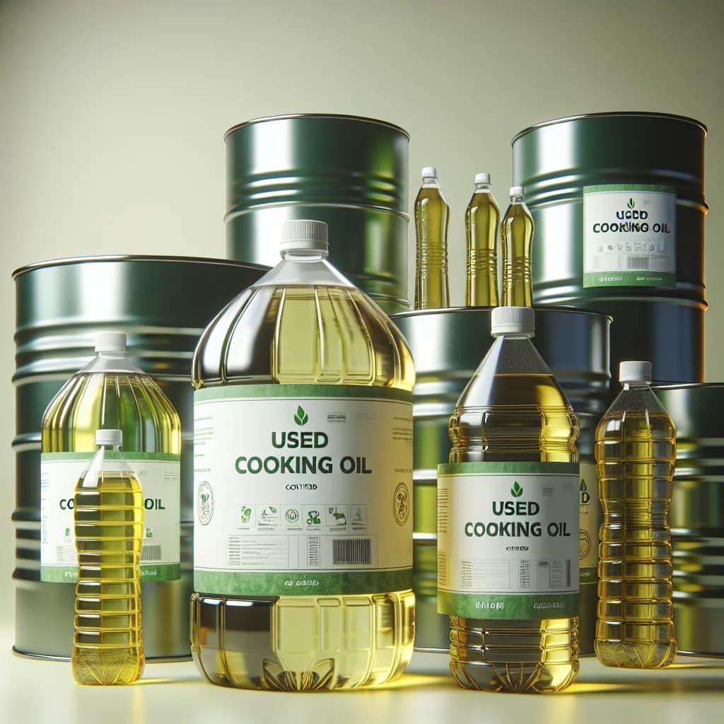 various types of used cooking oil in bulk packaging, including bottles, drums, and containers, displayed with eco-friendly branding