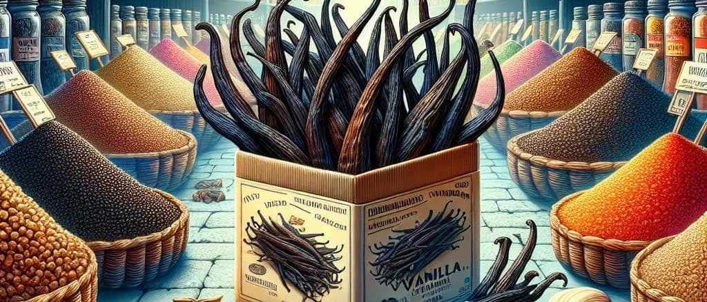 Assorted vanilla pods with sustainable packaging on rustic wooden background