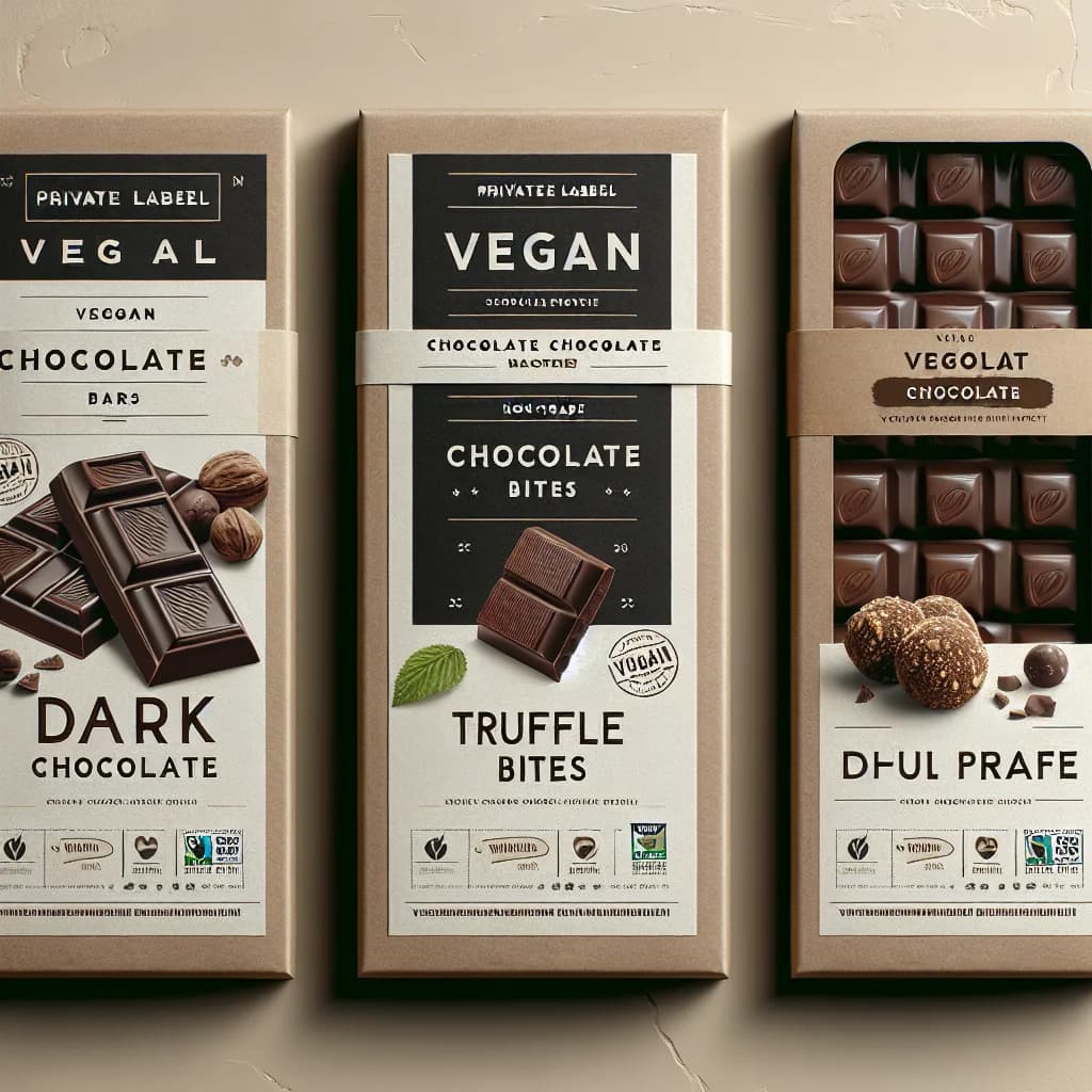 assorted vegan chocolate bars with eco-friendly packaging on a minimalistic background