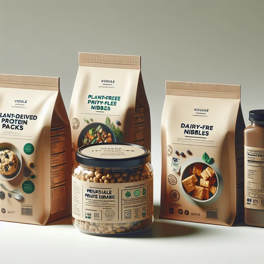 vegan food packaging display featuring private label options in bulk and wholesale