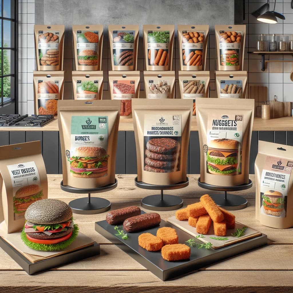 vegan meat product variations in sustainable packaging