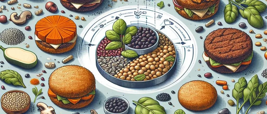 Assortment of vegan patties with varied packaging on a wooden background