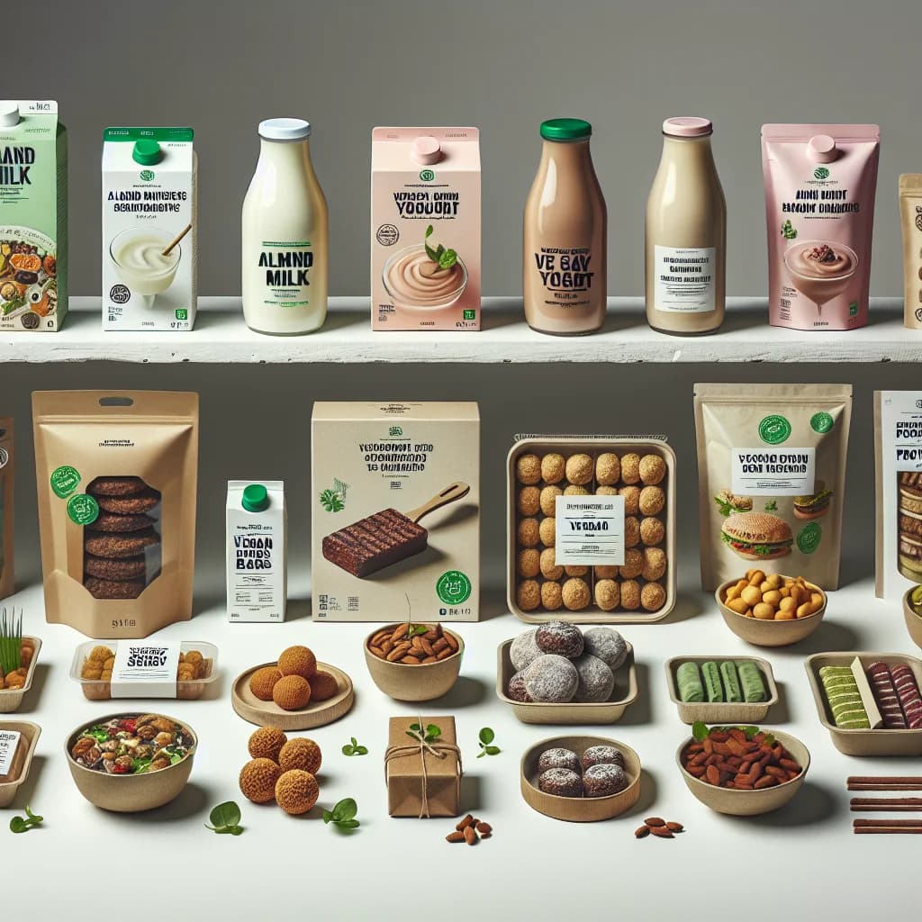 assorted vegan food products displayed in eco-friendly packaging, including dairy alternatives, plant-based meat, and snacks with sustainable background