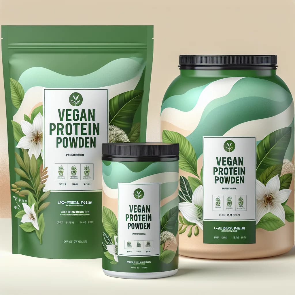 high-quality vegan protein product variations with sustainable packaging on a clean background
