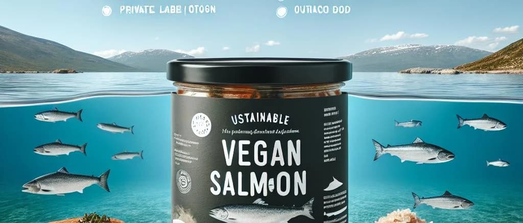 Vegan salmon variations on a wooden table with eco-friendly packaging