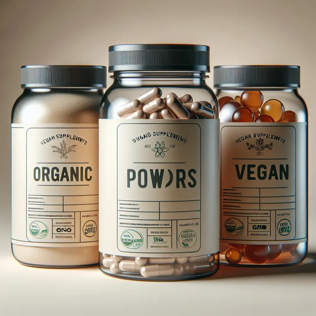 vegan supplement packaging variations on minimalist background
