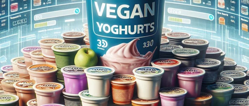 Various types of vegan yoghurt cups with different flavors on a modern kitchen countertop