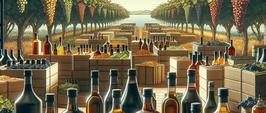 Assorted vinegar bottles with varied packaging on wooden surface