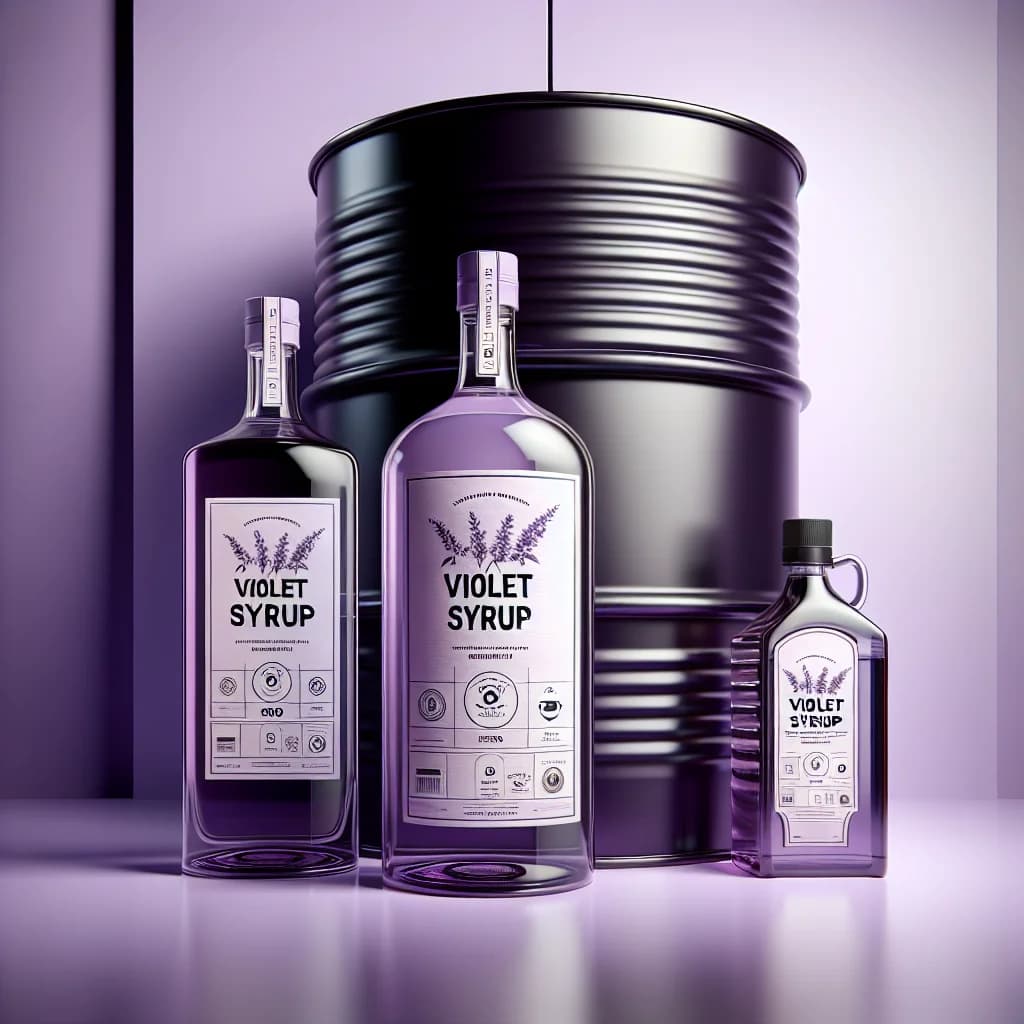 violet syrup bottles in various packaging on a clean professional background