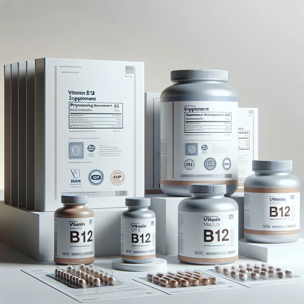 Vitamin B12 supplements in varying packaging for bulk, private label, and wholesale options against a clean background