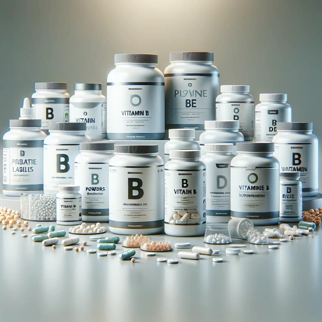 variety of Vitamin B supplement packaging on white background
