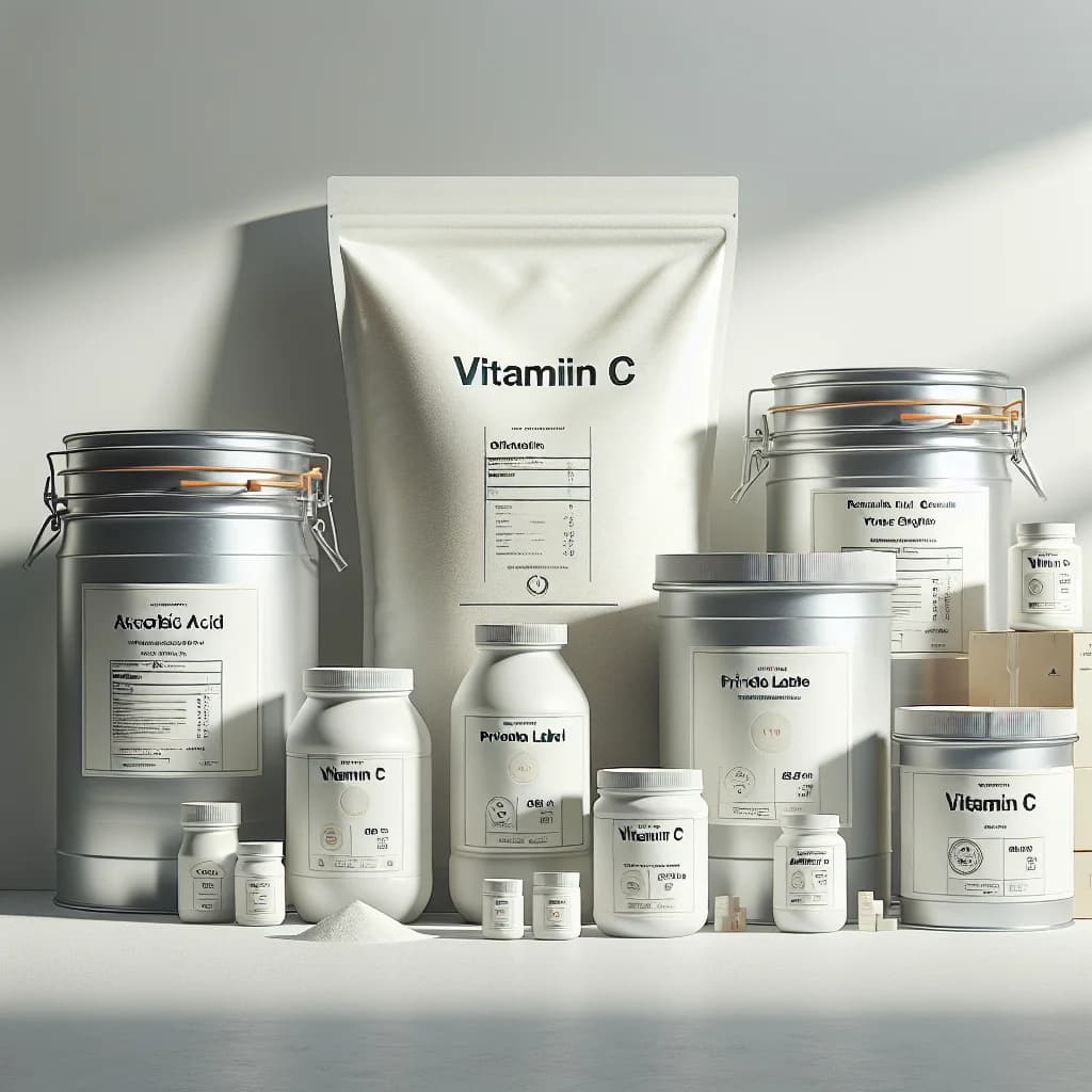 various types of Vitamin C powder in bulk packaging with clean, minimalist backgrounds