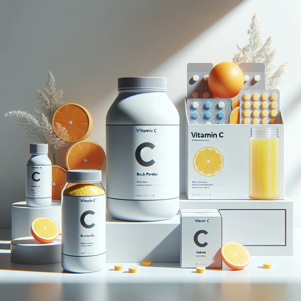 Bright and colorful variations of Vitamin C packaging with citrus-inspired design on a clean background
