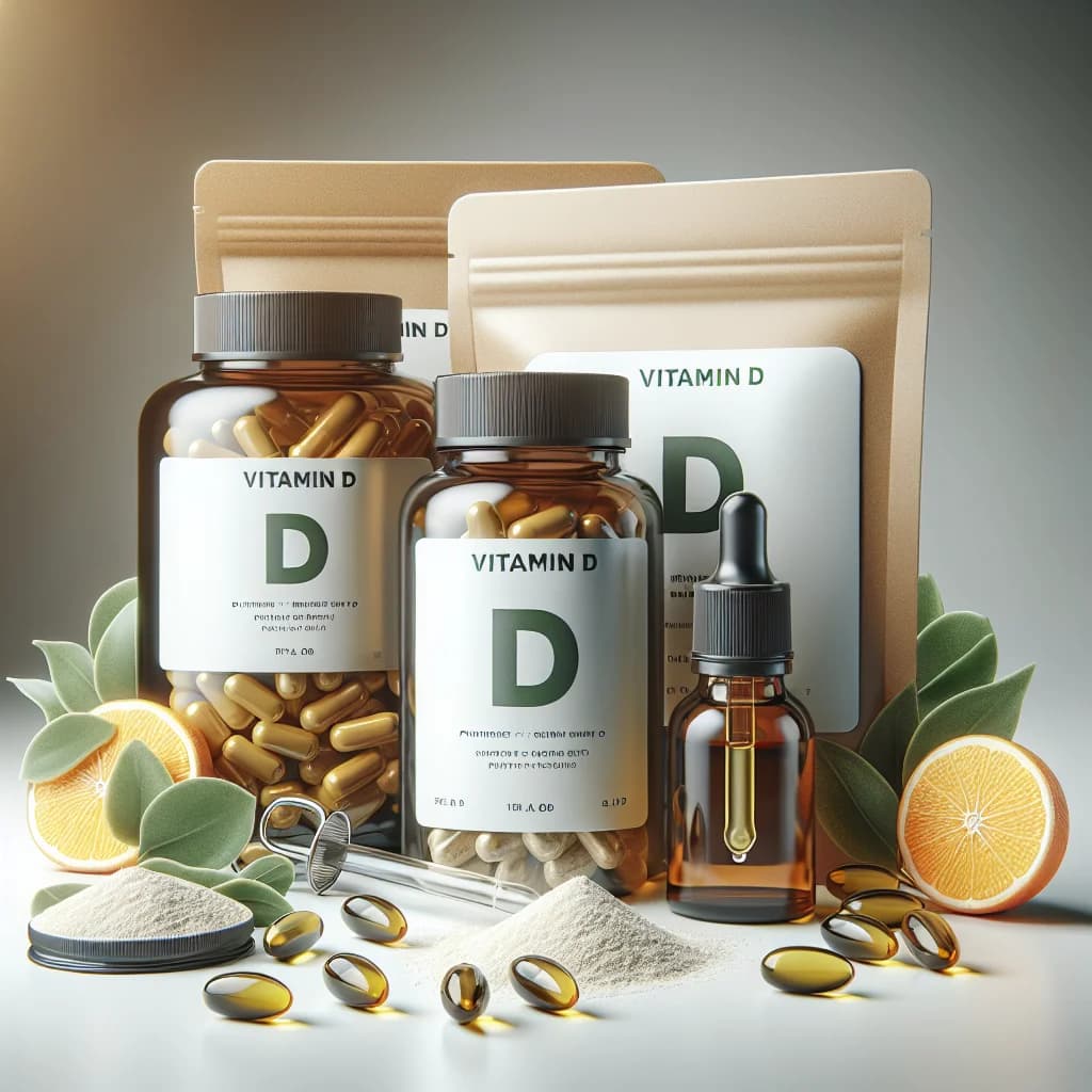 premium vitamin D supplements in various packaging formats on a clean white background
