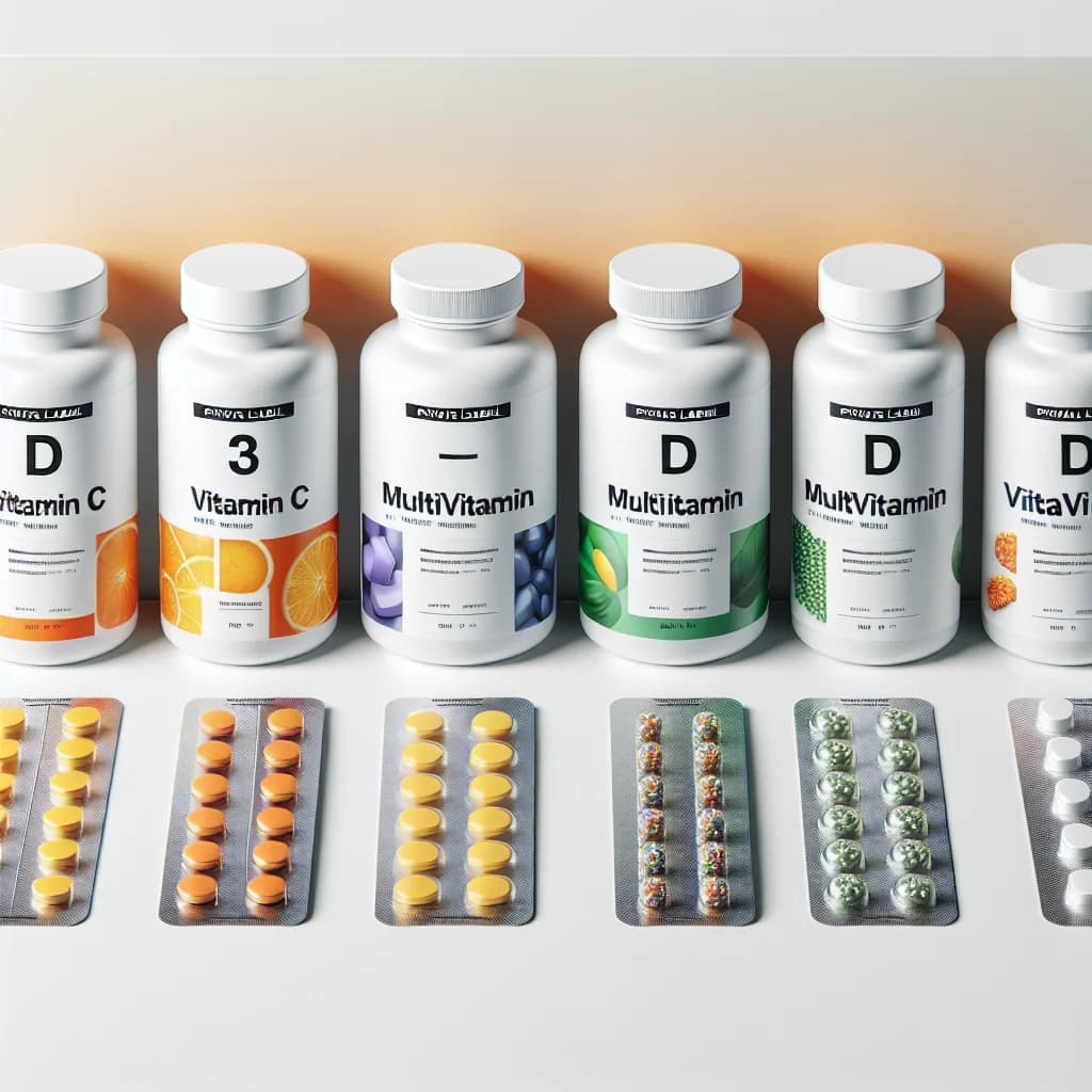 variety of vitamin tablets in bulk packaging on a clean white background with colorful labels indicating different types
