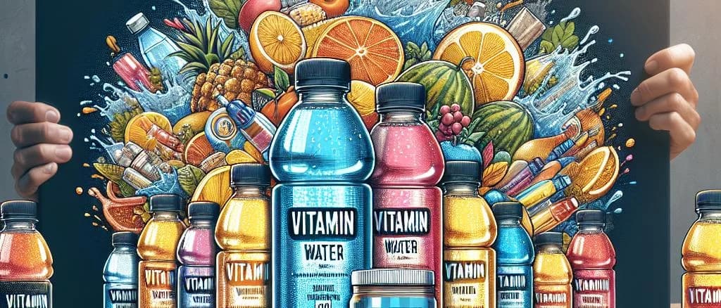 Colorful vitamin water bottles with varied flavors on a neutral background