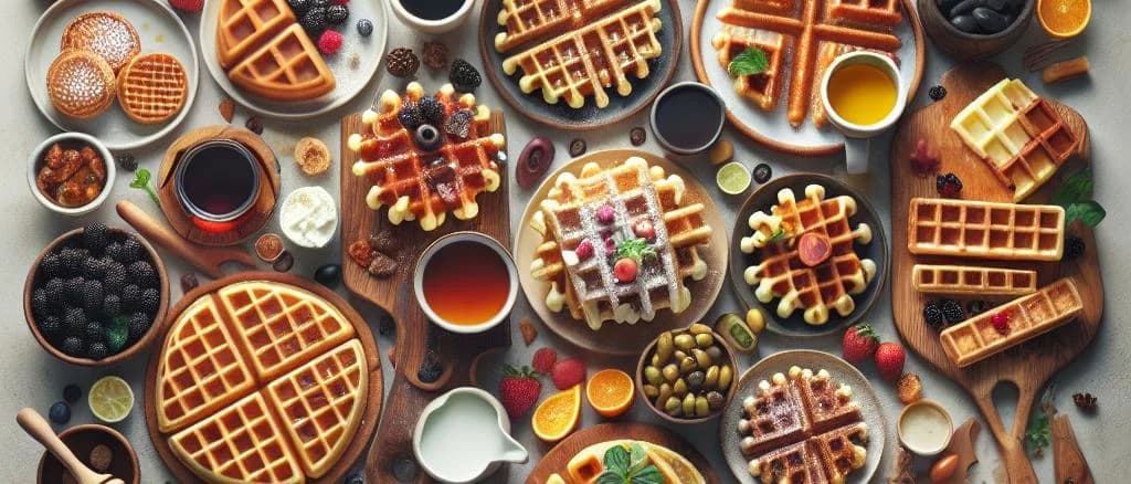 A variety of gourmet waffles with innovative packaging on a wooden table