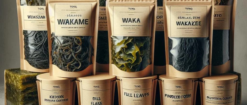 wakame seaweed packaging variations on a wooden table