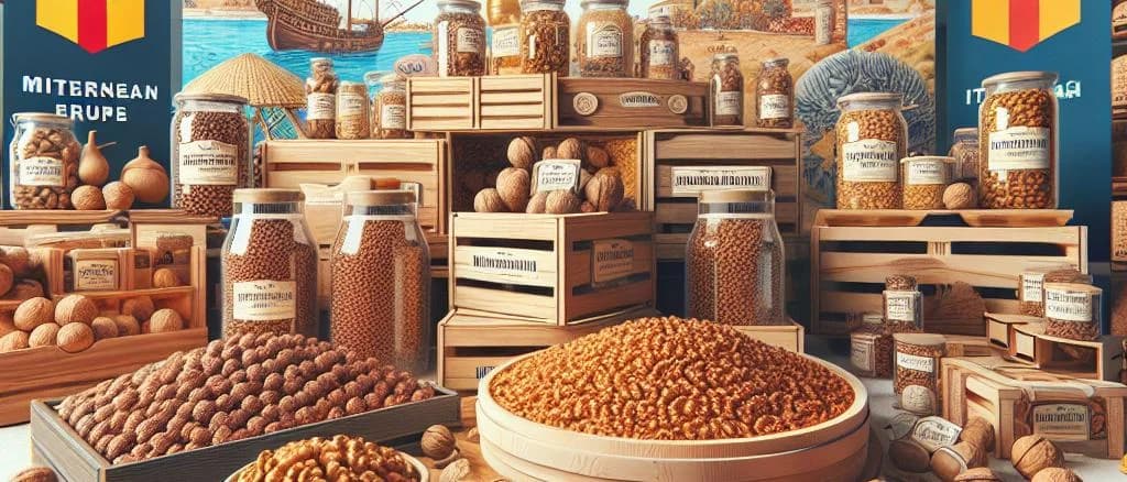 assorted walnut kernels with diverse packaging in a natural setting